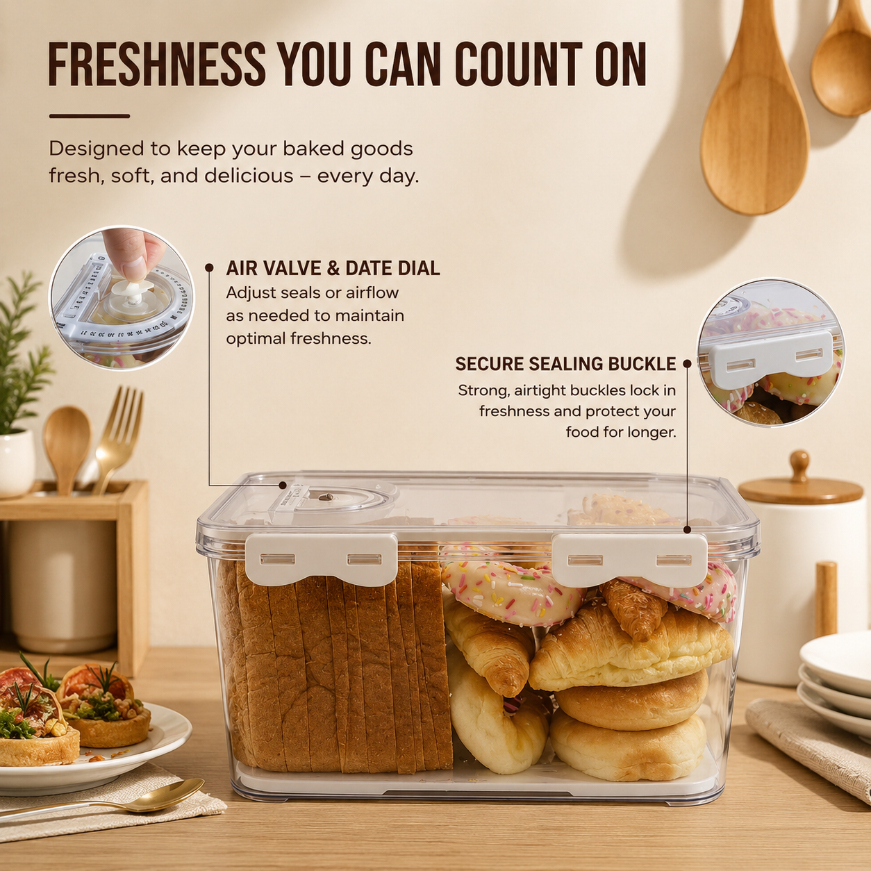 3-Piece FreshGuard Bread Storage Box Set – Airtight Containers with Date Dial