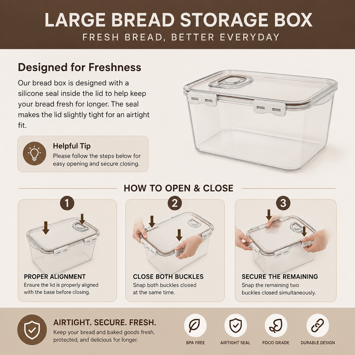 3-Piece FreshGuard Bread Storage Box Set – Airtight Containers with Date Dial