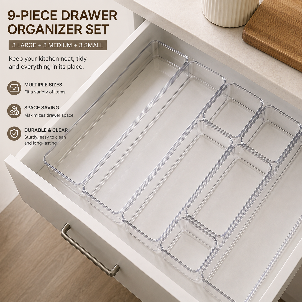 9-Piece Transparent Drawer Storage Organizer Set – Versatile Stackable Boxes for Home, Kitchen, Office & Vanity