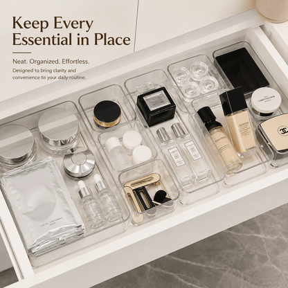 9-Piece Transparent Drawer Storage Organizer Set – Versatile Stackable Boxes for Home, Kitchen, Office & Vanity